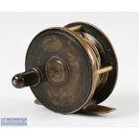 Scarce Hardy 2 ¼" Bronzed Brass Fly Reel with horn handle, oval logo with rod in hand trademark to