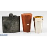 Hallmarked Silver Hip Flask marked by A&C Company, London; 4 stacking field cups in leather case