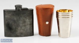 Hallmarked Silver Hip Flask marked by A&C Company, London; 4 stacking field cups in leather case