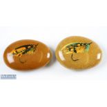 2x House of Hardy painted Stone Fly Fishers Paperweights painted with fairy king and benchill,