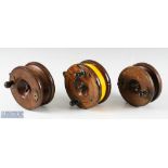 3x Wood and brass Nottingham reels to include an unnamed 5" reel with star back on/off check,