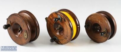3x Wood and brass Nottingham reels to include an unnamed 5" reel with star back on/off check,