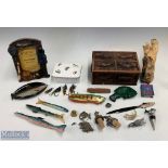 Fishing Related Collectables, to include a resin fish decorated box, fish badges, bottle, stoppers