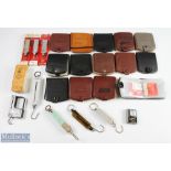 A large collection of Scales and hooks to nylon wallets - 13x Efgeeco wallets; 1x Efgeeco wallet