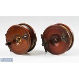 2x Wooden 4 ½" Nottingham Star Back Reels one stamped 'Dowsett Maker Hastings' to foot, with brass