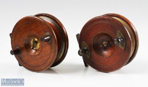 2x Wooden 4 ½" Nottingham Star Back Reels one stamped 'Dowsett Maker Hastings' to foot, with brass