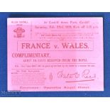 1929 Wales v France Rugby Ticket: Pink card complimentary inside-the-ropes seated ticket, slightly