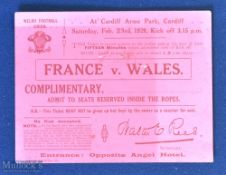 1929 Wales v France Rugby Ticket: Pink card complimentary inside-the-ropes seated ticket, slightly