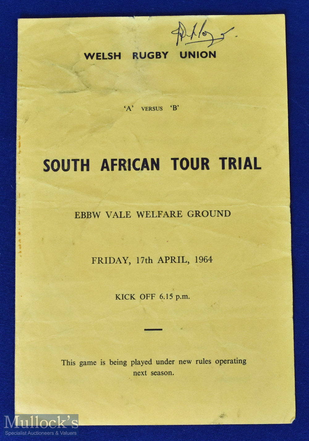 Scarce 1964 Wales New Laws Trial Match programme: A partner for the different item in the previous