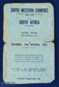 Rare 1951 S W Counties v S Africa Rugby programme: Seldom seen, 4pp card issue from Home Park,