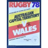 1978 Wales in Australia Rugby Programme: Australian Capital Territory v Wales, harder-to-find issue.