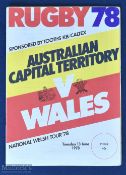 1978 Wales in Australia Rugby Programme: Australian Capital Territory v Wales, harder-to-find issue.