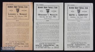 1945-6 Newport Rugby Programmes (3): Newport 4pp post-war homes v Leicester, Gloucester and Bath,
