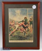 1920s Framed Milan v Woodpeckers Rugby Print: Coloured dramatic drawing with caption from Milan's La