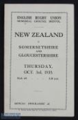 Scarce 1935 Somerset & Gloucestershire v New Zealand Rugby Programme: Not often seen, especially