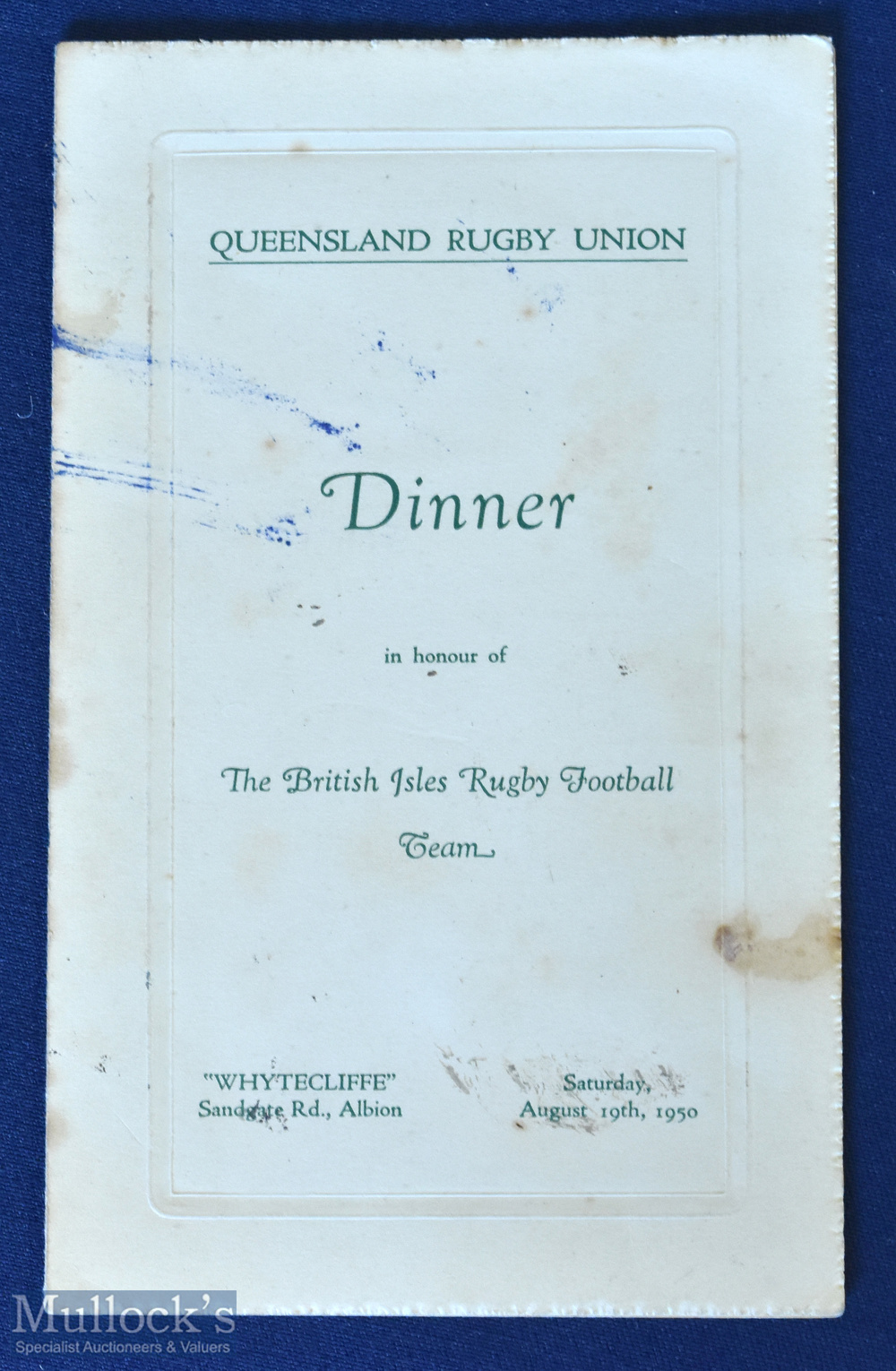 Rare 1950 British & I Lions Signed Dinner Menu: 4pp foldover cream & green card for the after-