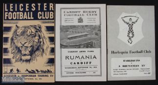 1955 and 56 Romania Rugby in the UK Programmes (3): v Cardiff and Harlequins (Twickers) 1955 and v