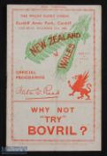 Scarce 1935 Wales v New Zealand Rugby programme: One of the Wales collectors' dreams, this 12pp