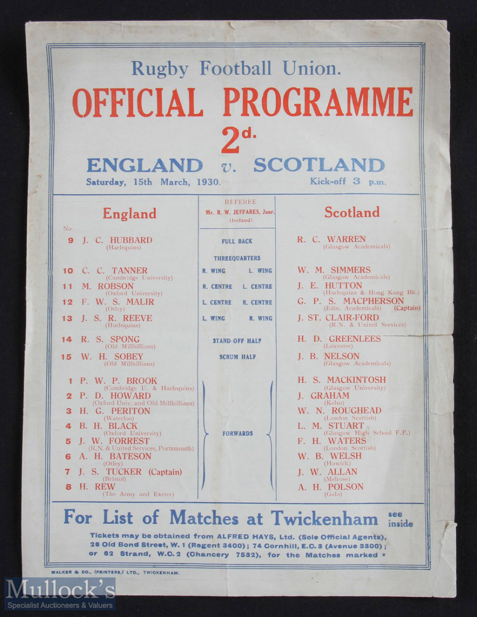 Scarce 1930 England v Scotland Rugby Programme: 0-0 draw in a Championship year for England The last