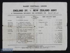1945 England v Kiwis (NZ Army) Rugby Programme: The famous Twickenham double sided paper sheet for