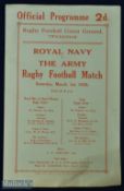 1930 Royal Navy v The Army Rugby Programme: Very collectable Twickenham cream & red issue from the