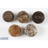 5x Various Size Moulded Mesh Pattern Gutta Percha Golf Balls - one retaining some of the original