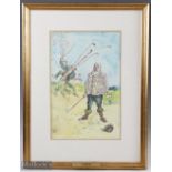 John Stikes - Irate Golfer and scared caddy - watercolour, pen and pencil signed and dated 1936 -