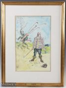 John Stikes - Irate Golfer and scared caddy - watercolour, pen and pencil signed and dated 1936 -