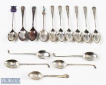 Selection of Silver Golfing Teaspoons incl set of 6 hallmarked Sheffield 1932, 4 golf club handled