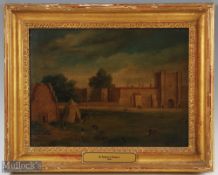 1660 Early Golfing and Archery scene titled St James Palace - North Wing 1660- oil on board -