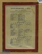 1904 Nottingham v Kent Cricket Silk Scorecard, framed and mounted under glass, size #34.5cm x 42cm