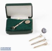 Selection of Silver Golf Tee Novelty Items: cased pencil and ball marker set with another having