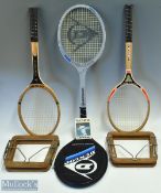 3 Wooden Dunlop Tennis Rackets, to include a John McEnroe Autograph, Maxplus superlight and a