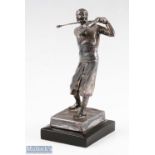 Bobby Jones Style Silver plated Golfing Figure with rectangular naturalistic base on black wooden