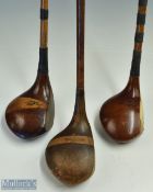 3x assorted large headed woods - Tom Allen striped top brassie with central alloy sole plate; Geo