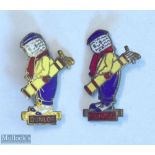 2x Original Dunlop Caddie Enamel Pin Badges both by Cashmore & Co, Birmingham one in chrome / silver