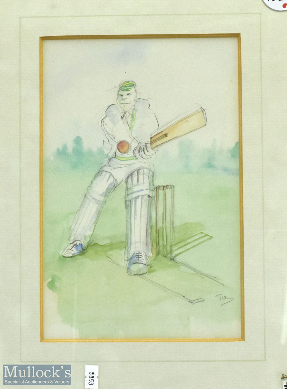 Cricket Batsman in Motion Pencil Drawing with colour wash signed Tim, framed and mounted under glass