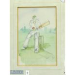 Cricket Batsman in Motion Pencil Drawing with colour wash signed Tim, framed and mounted under glass