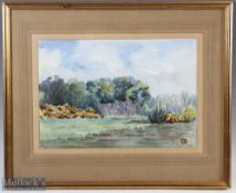 Lady E Bowman - The Fourth Green Golf Links Thetford watercolour signed with monogram LEB to the