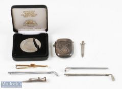 Mixed Golfing Collectables inc Sterling silver vesta case with crossed clubs design, marked
