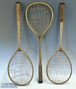 3 Early Wooden badminton rackets, to include 2 by Sykes National, and 1 marked Club, all show