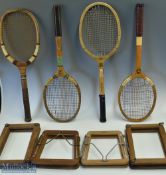 4 Wooden Tennis Rackets with Wooden Presses, to include Greys of Cambridge the Pembroke, Jack