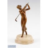 Bronzed Finished Lady Golfer Figure on Onyx Base spelter figure with bronze coloured finish on round