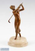 Bronzed Finished Lady Golfer Figure on Onyx Base spelter figure with bronze coloured finish on round