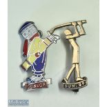 2x Original Dunlop Enamel Pin Badges - one having stylised Deco style figure golfer, unnamed with