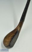 Interesting J Morris light stained beech wood longnose baffie with full brass wrap over sole plate -