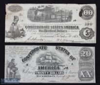 2x Confederate States of America Banknotes to include an early issue by the Confederate States