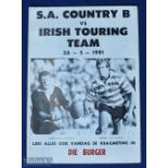 1981 S African Country Districts B v Ireland Rugby Programme: Scarce touring team match at