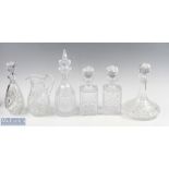 Cut and Pressed Glass Decanters and Water Jug, 5 assorted decanters all with glass stoppers, with