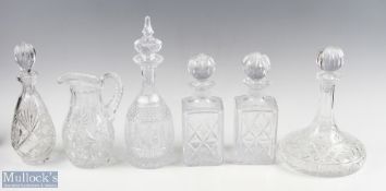 Cut and Pressed Glass Decanters and Water Jug, 5 assorted decanters all with glass stoppers, with